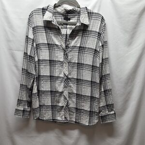 Talbots Womens Button Up Shirt Flannel Esque White Black Gray Silver Soft Size L